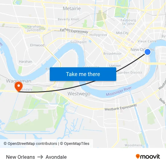 New Orleans to Avondale map