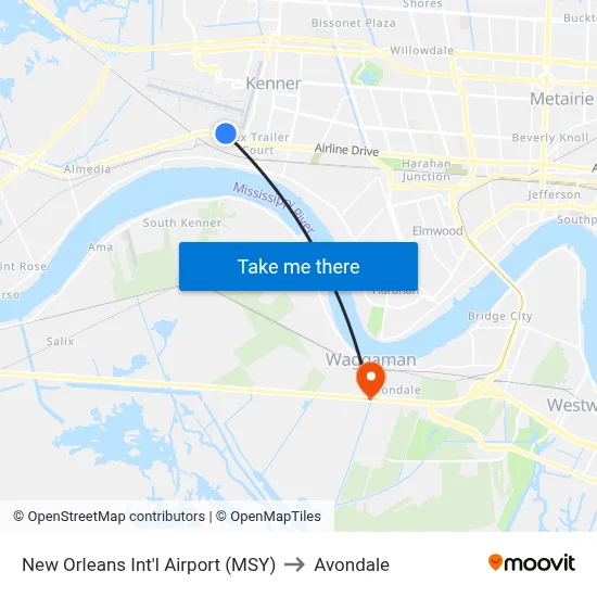 New Orleans Int'l Airport (MSY) to Avondale map