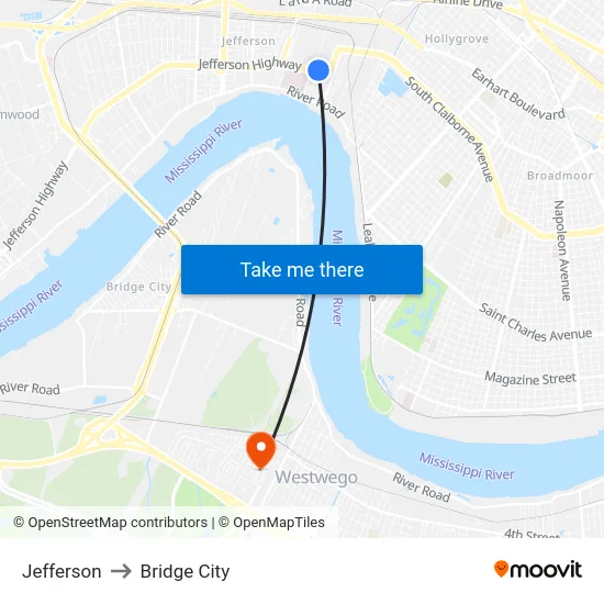 Jefferson to Bridge City map