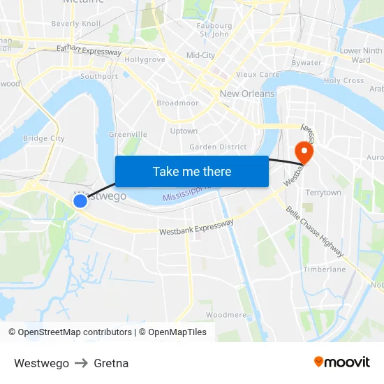 Westwego to Gretna map