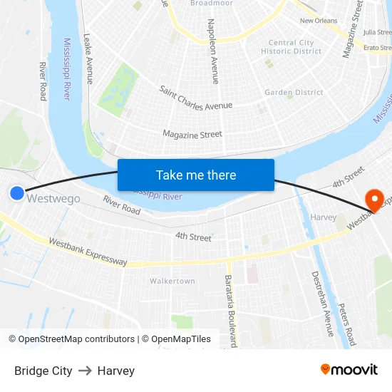 Bridge City to Harvey map