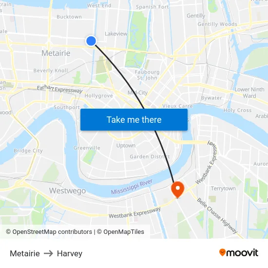 Metairie to Harvey map