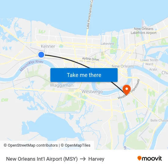 New Orleans Int'l Airport (MSY) to Harvey map