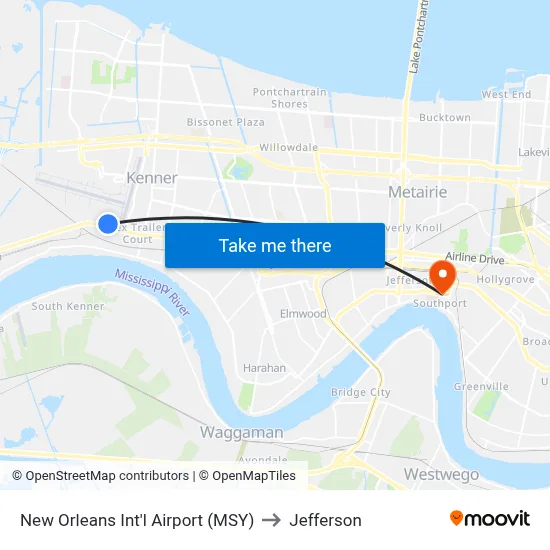 New Orleans Int'l Airport (MSY) to Jefferson map