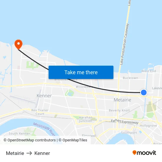 Metairie to Kenner map
