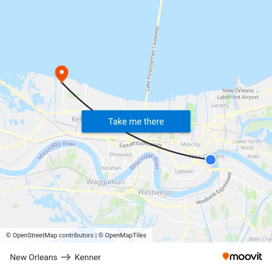 New Orleans to Kenner map