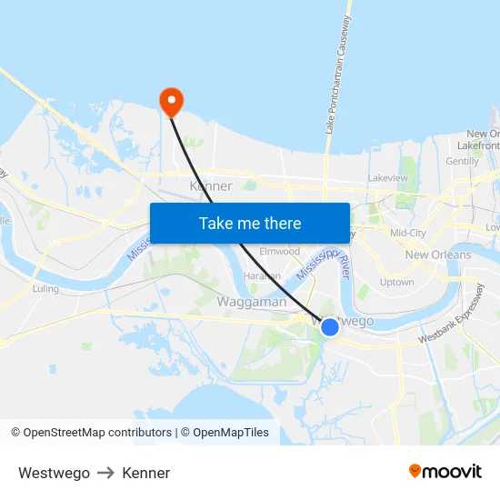 Westwego to Kenner map