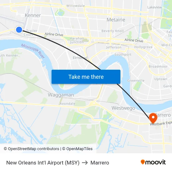 New Orleans Int'l Airport (MSY) to Marrero map