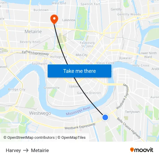 Harvey to Metairie map