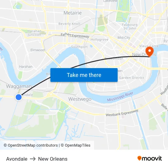 Avondale to New Orleans map