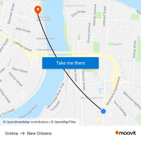Gretna to New Orleans map