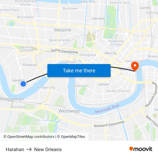 Harahan to New Orleans map