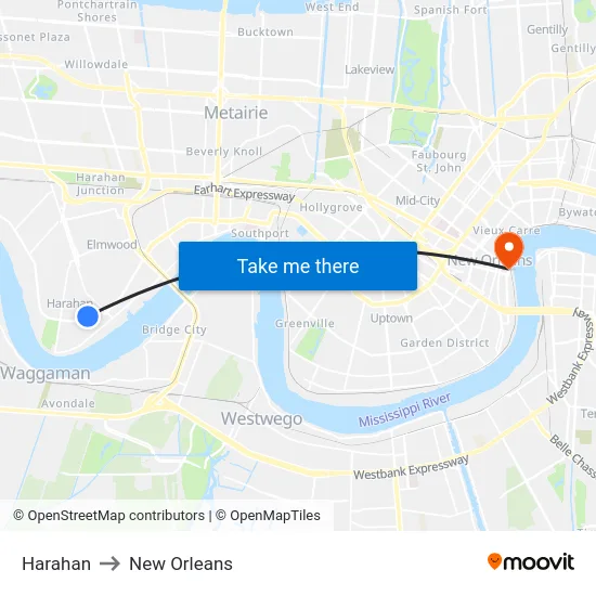 Harahan to New Orleans map