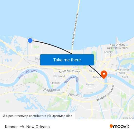Kenner to New Orleans map