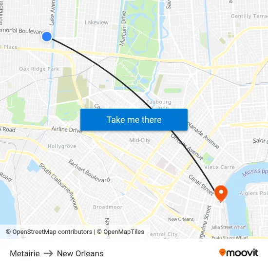 Metairie to New Orleans map