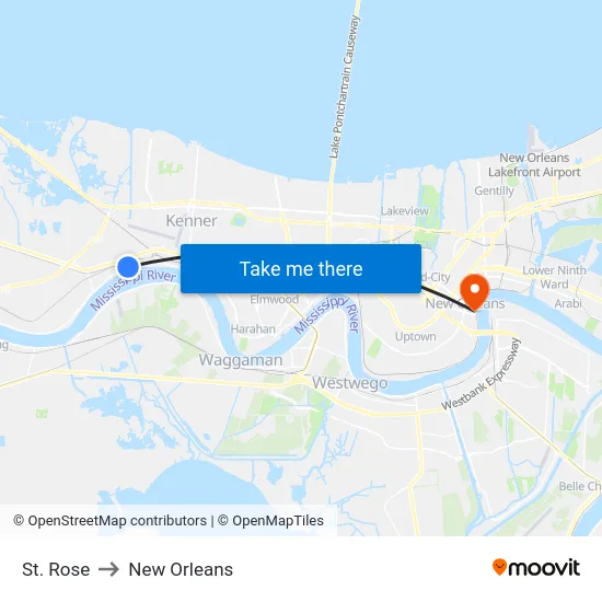 St. Rose to New Orleans map