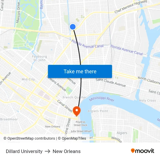 Dillard University to New Orleans map