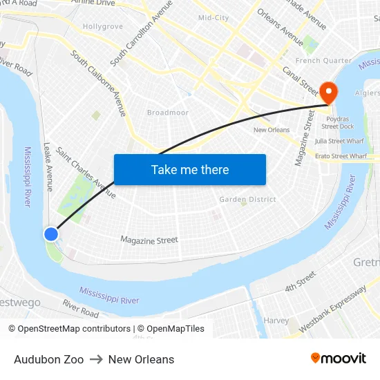 Audubon Zoo to New Orleans map