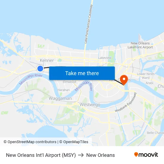 New Orleans Int'l Airport (MSY) to New Orleans map
