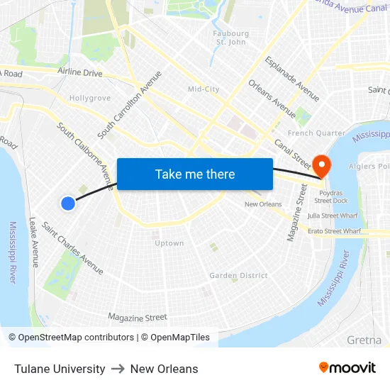 Tulane University to New Orleans map