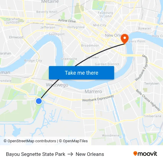 Bayou Segnette State Park to New Orleans map