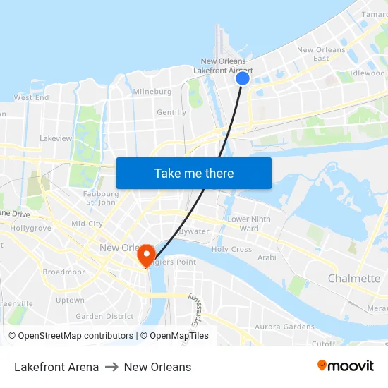Lakefront Arena to New Orleans map