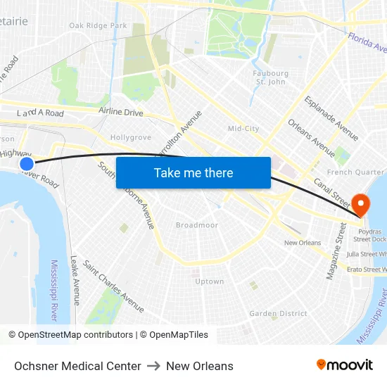 Ochsner Medical Center to New Orleans map