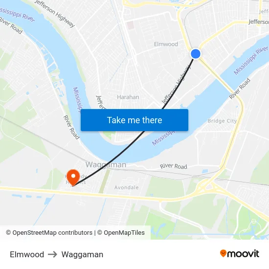 Elmwood to Waggaman map
