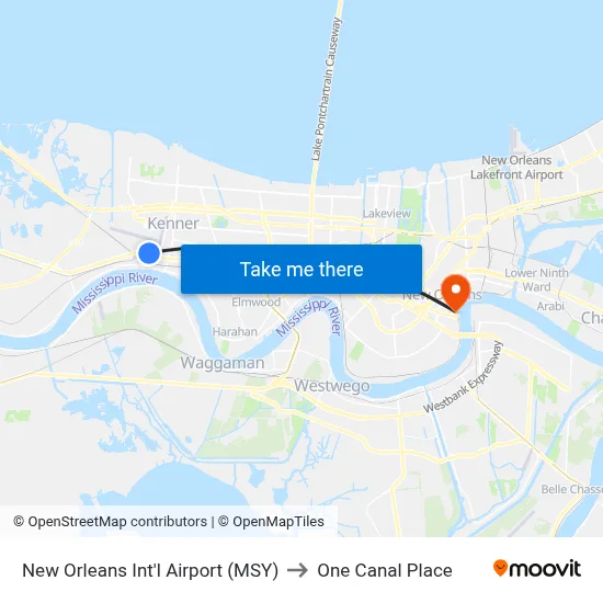 New Orleans Int'l Airport (MSY) to One Canal Place map