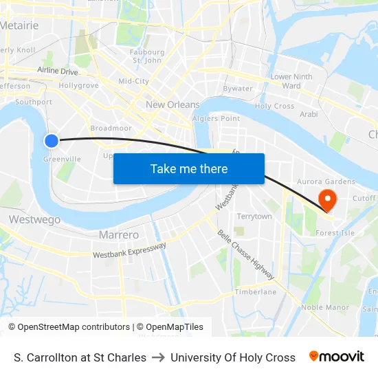 S. Carrollton at St Charles to University Of Holy Cross map