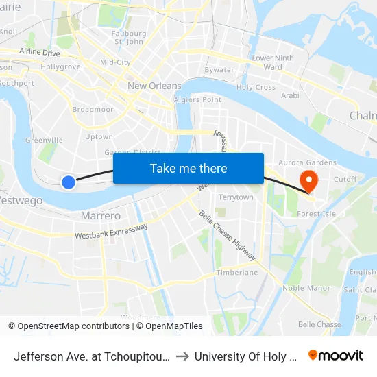 Jefferson Ave. at Tchoupitoulas St. to University Of Holy Cross map