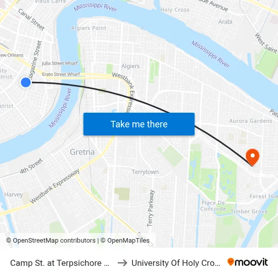 Camp St. at Terpsichore St. to University Of Holy Cross map
