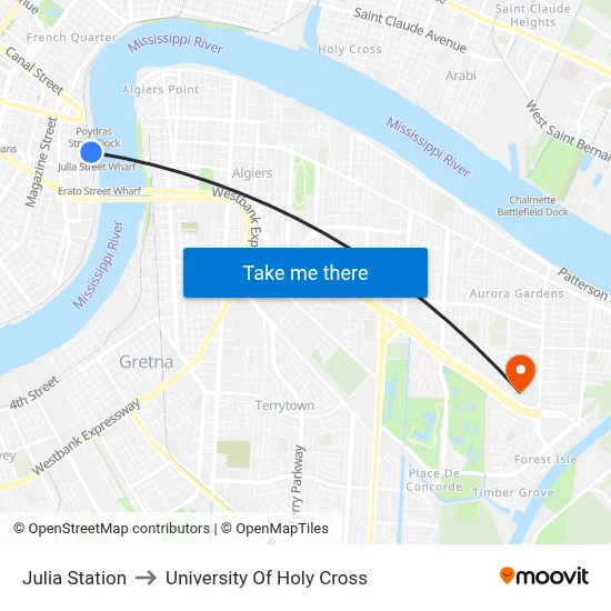 Julia Station to University Of Holy Cross map