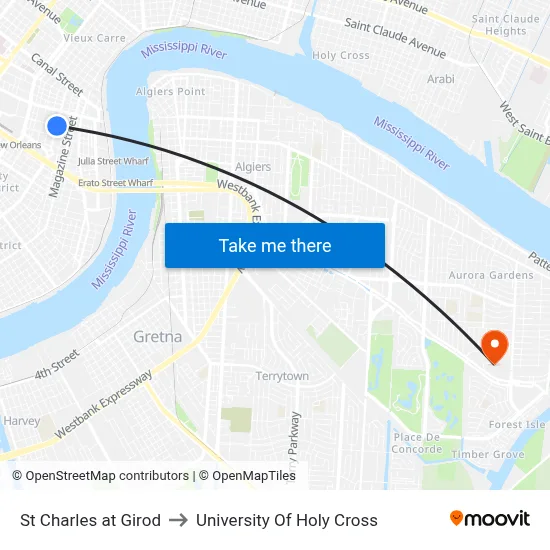 St Charles at Girod to University Of Holy Cross map