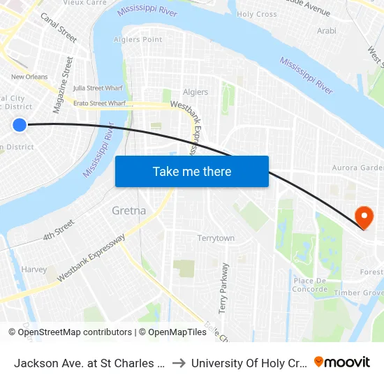Jackson Ave. at St Charles Ave. to University Of Holy Cross map