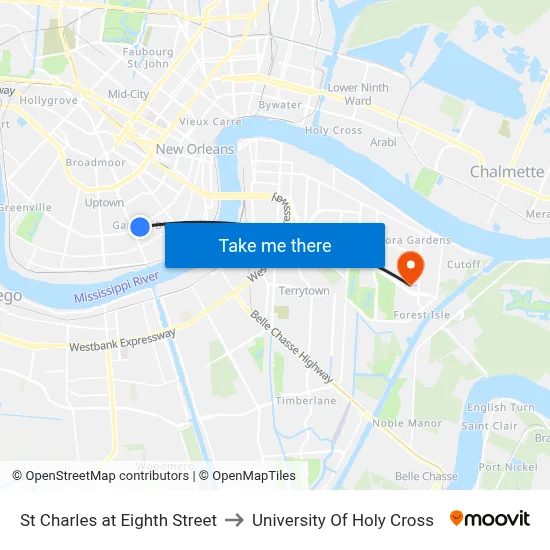 St Charles at Eighth Street to University Of Holy Cross map
