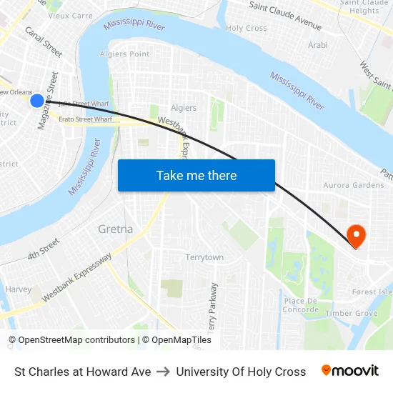 St Charles at Howard Ave to University Of Holy Cross map
