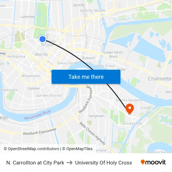 N. Carrollton at City Park to University Of Holy Cross map