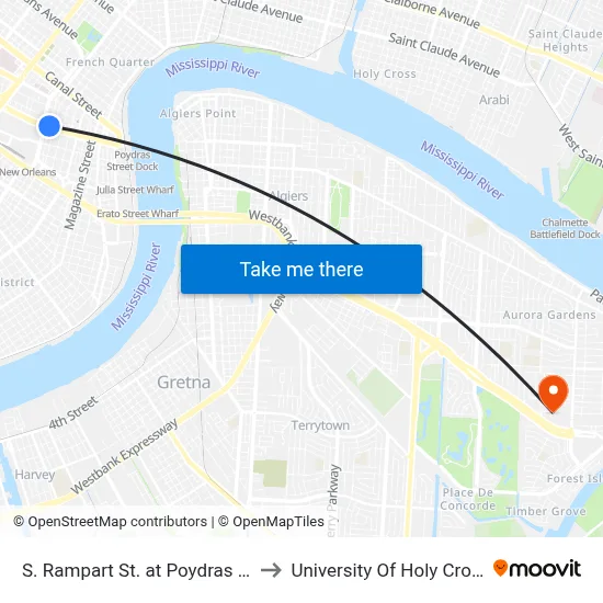 S. Rampart St. at Poydras St. to University Of Holy Cross map