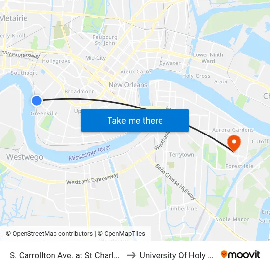S. Carrollton Ave. at St Charles Ave. to University Of Holy Cross map