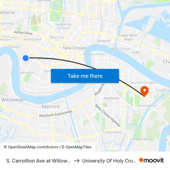 S. Carrollton Ave at Willow St to University Of Holy Cross map