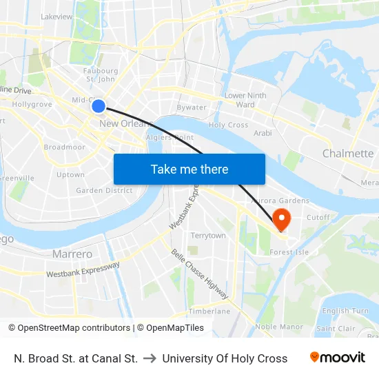 N. Broad St. at Canal St. to University Of Holy Cross map