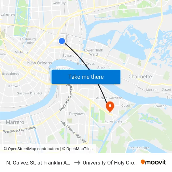 N. Galvez St. at Franklin Ave. to University Of Holy Cross map