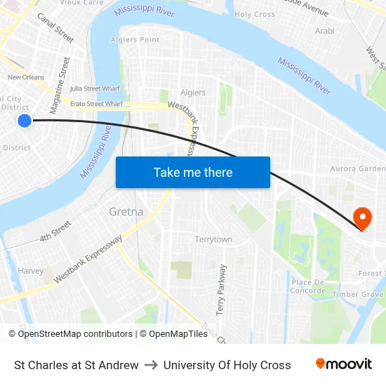 St Charles at St Andrew to University Of Holy Cross map