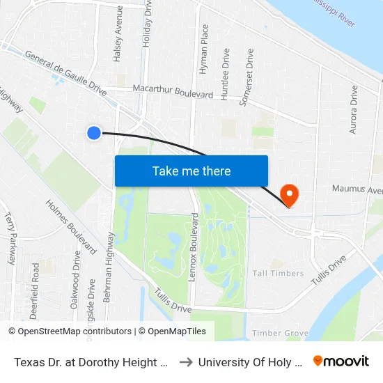 Texas Dr. at Dorothy Height Charter to University Of Holy Cross map