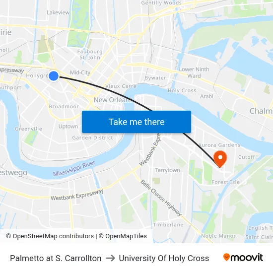 Palmetto at S. Carrollton to University Of Holy Cross map