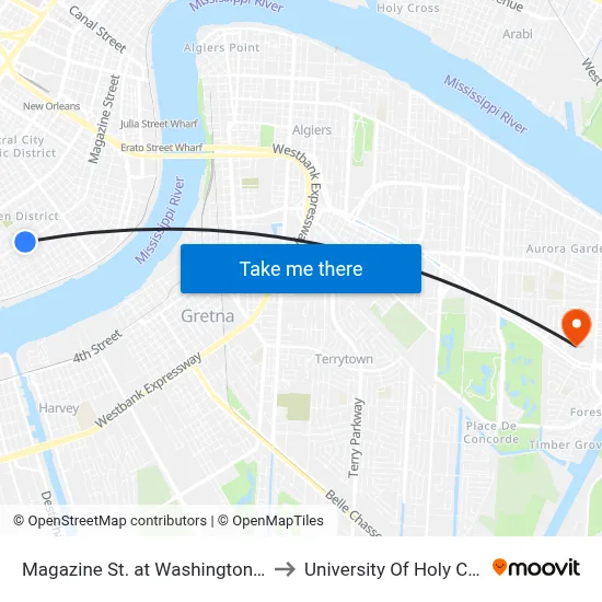 Magazine St. at Washington Ave. to University Of Holy Cross map