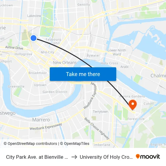 City Park Ave. at Bienville St. to University Of Holy Cross map