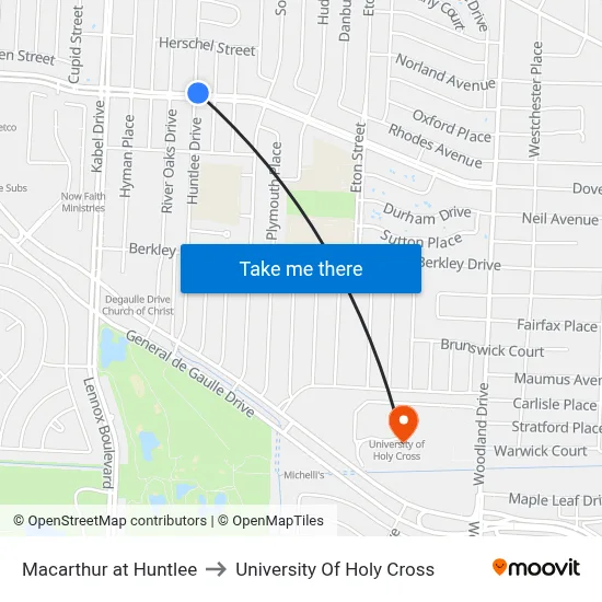 Macarthur at Huntlee to University Of Holy Cross map