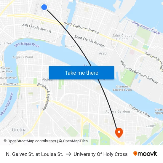 N. Galvez St. at Louisa St. to University Of Holy Cross map
